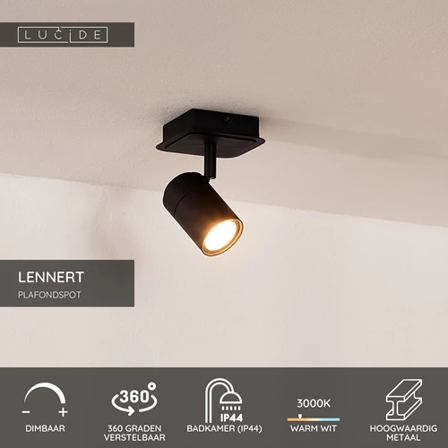 Lucide LENNERT - Plafondspot Badkamer - LED Dimb. - GU10 - 1x5W 3000K - IP44 - Zwart - USP
